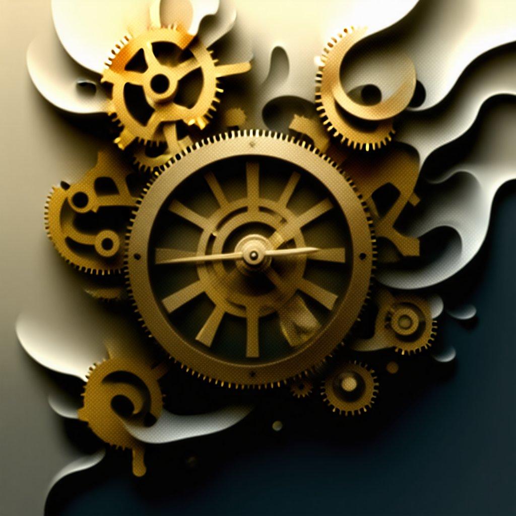 An abstract representation of a clock with gears that blend into smoke-like patterns.