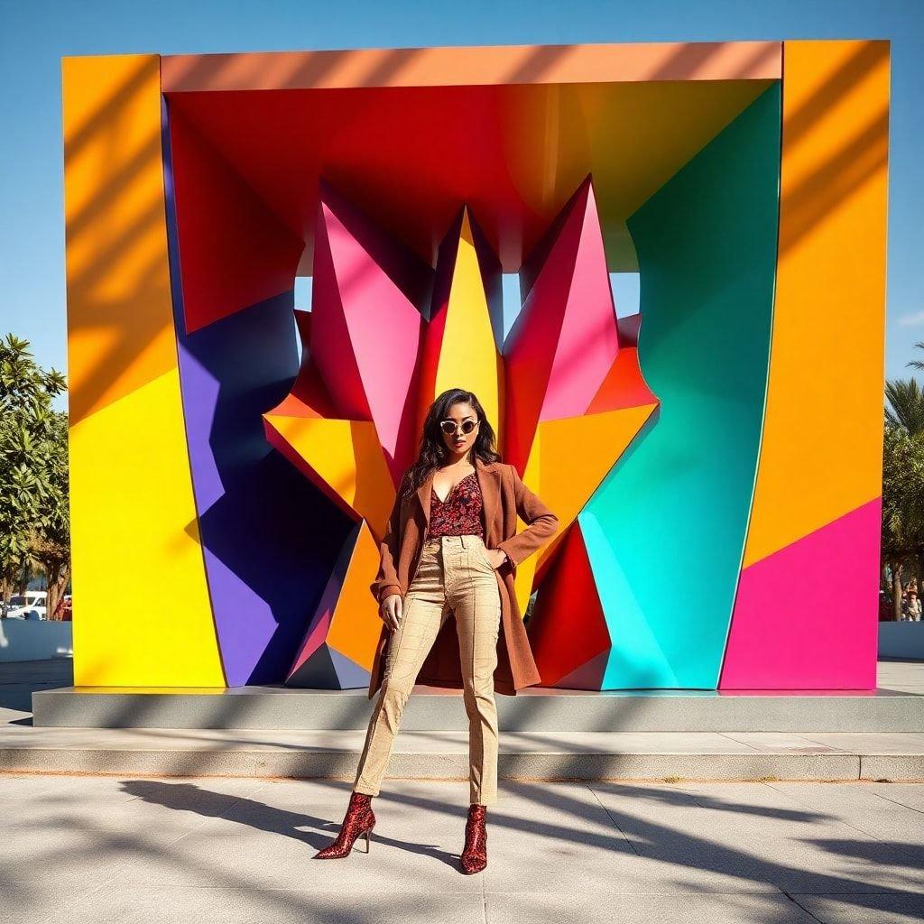 This image showcases a fashionable woman posing in front of a vibrant art installation, embodying the perfect blend of style and creativity.