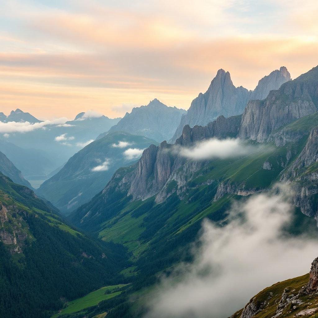 Opdag den rolige skønhed i en alpin dal ved solnedgang, hvor toppene kysser dagens sidste varme stråler. Det æteriske leg med lys og skygge danser over scenen og fremhæver det robuste bjerglandskab og den frodige grønhed, der trives i dette højderesort. Denne maleriske indstilling er et perfekt eksempel på naturens storhed, hvor hvert øjeblik bringer et nyt skuespil, når dagen overgår til nat.