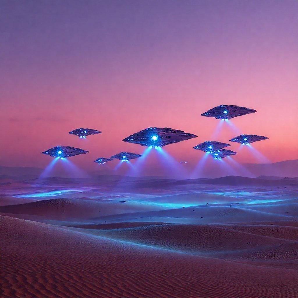 This stunning sci-fi landscape wallpaper depicts a breathtaking scene of alien invasion, with a fleet of spaceships descending upon a barren, desert-like planet. The image is rendered in a vibrant, neon-lit color scheme, with the ships' lights casting an otherworldly glow across the sand dunes.