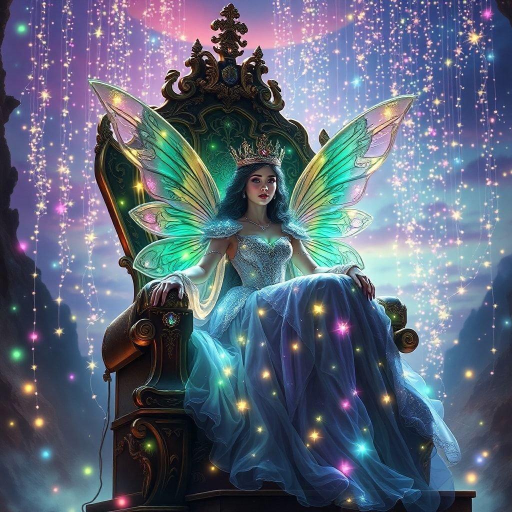 This mesmerizing image captures the essence of a fairy queen residing in her mystical kingdom. Dressed in royal attire and seated on an ornate throne, she exudes majesty and magical allure. The vibrant backdrop is awash with sparkling stars and enchanting lights that evoke a sense of wonder and fantasy.