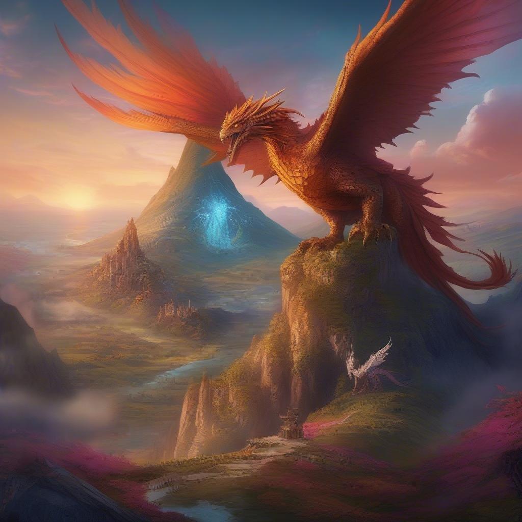 A majestic dragon sits atop a serene mountain, overlooking an enchanted landscape. The wallpaper captures the essence of fantasy with its magical realm, perfect for desktop or mobile.