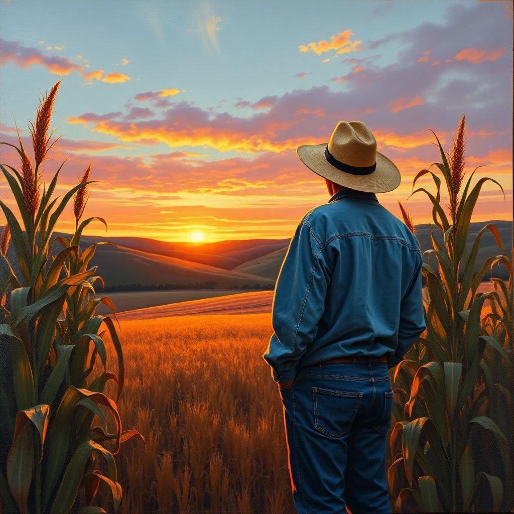 A peaceful scene capturing the solitude of harvesting at sunset. A farmer stands among the golden fields, basking in the warm glow of the setting sun as it paints the evening sky.