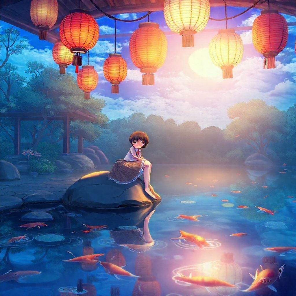 This captivating anime wallpaper transports you to a serene and peaceful world, where a young girl sits on a rock, surrounded by the beauty of nature. The traditional Japanese lanterns hanging from the ceiling add a touch of elegance, while the vibrant blue sky and calm water of the pond create a sense of tranquility. The koi fish swimming in the pond bring a sense of life and movement to the scene, making it a truly enchanting experience.