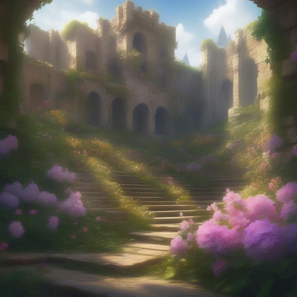 An enchanting path leads through a verdant garden, bordered by beautiful pink flowers, to an ancient castle, bathed in sunlight.