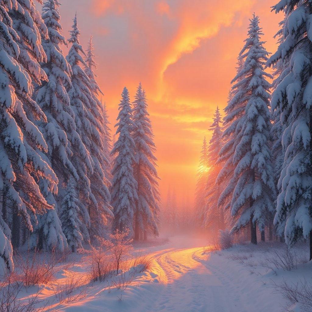 A serene winter evening scene with a snow-covered path leading to a forest. The golden sun glows through the trees, illuminating the landscape as it sets.