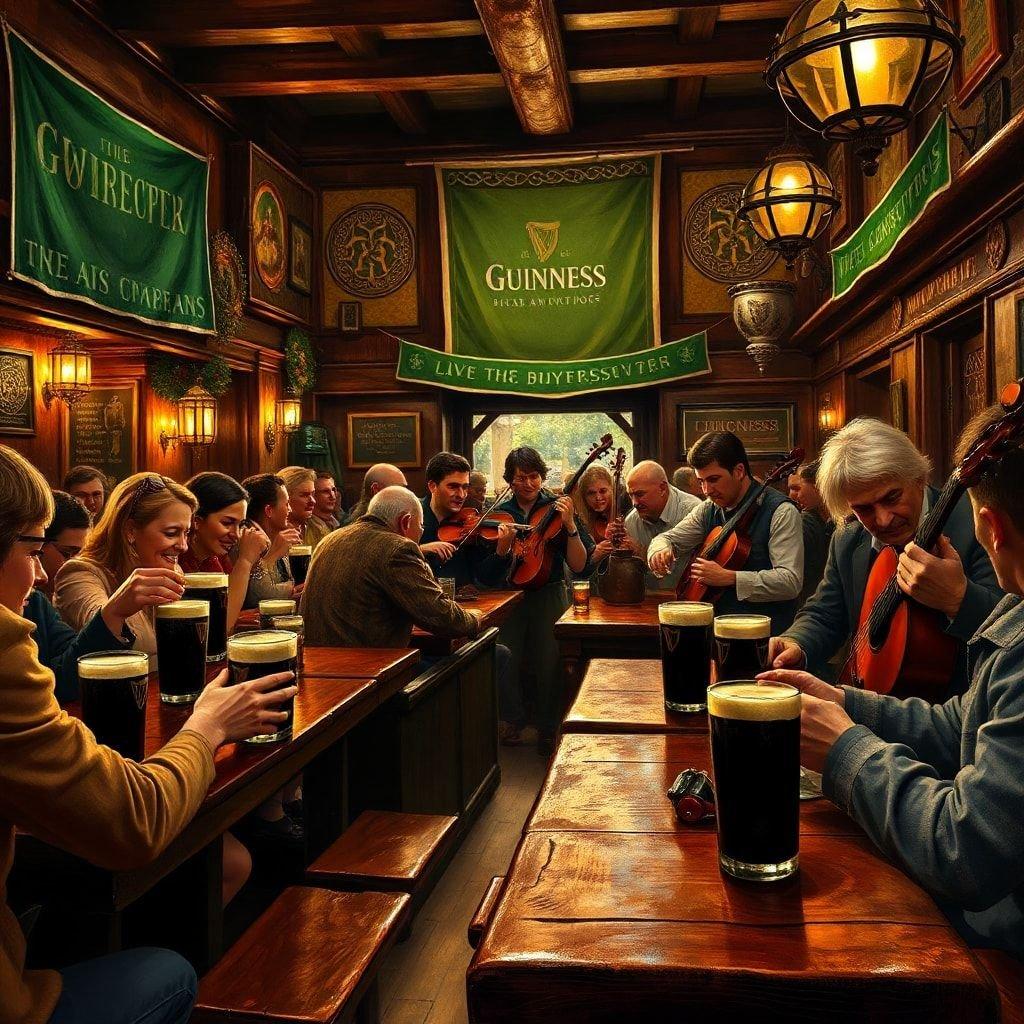 Entre no coração da cultura irlandesa com esta vibrante cena de pub. A atmosfera é animada, com clientes desfrutando de pintas de Guinness e música tradicional irlandesa ao vivo.