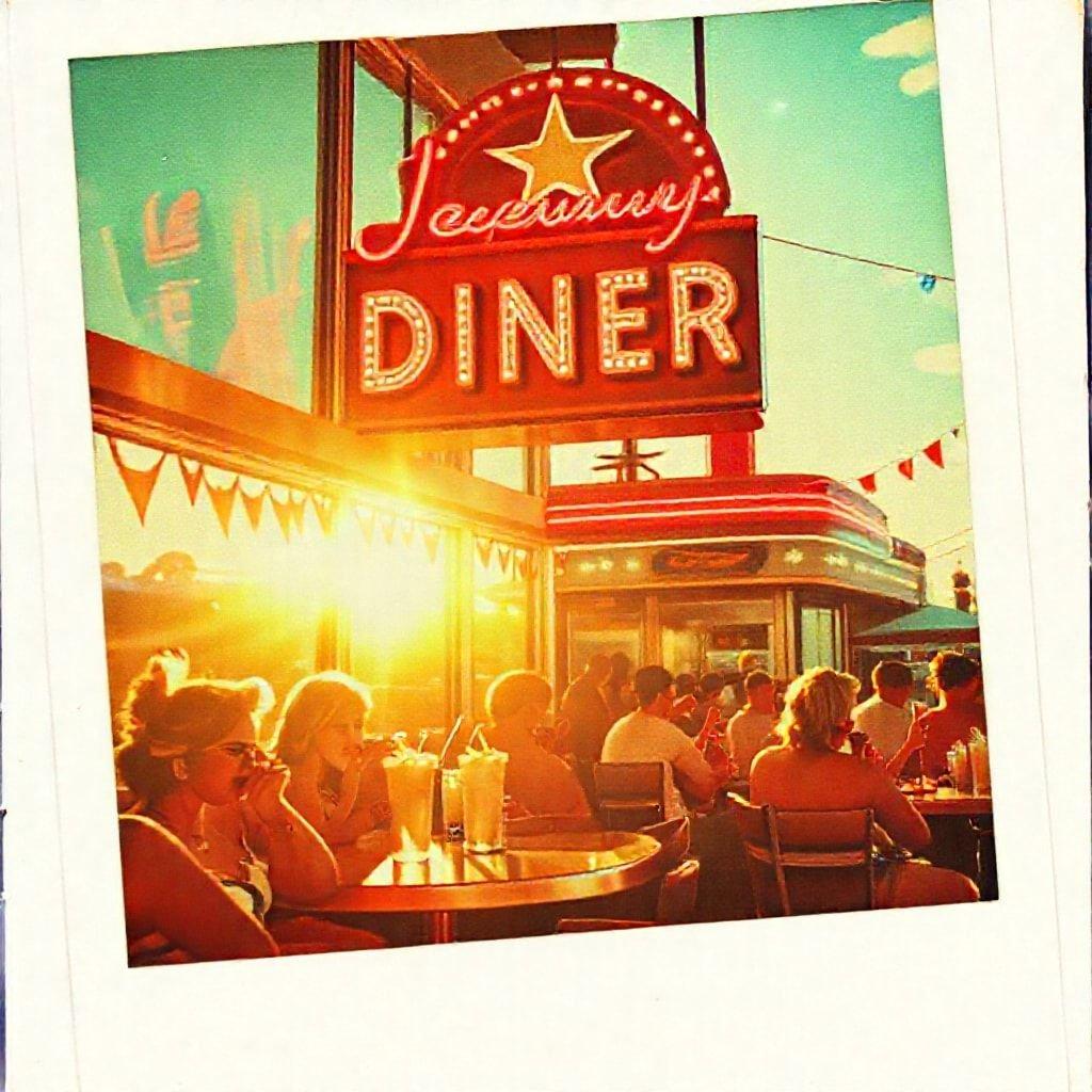 A vibrant scene from Independence Day, as people gather outside a classic diner named 'Seaside Diner' to enjoy the evening. The sun is setting, casting warm rays on the patrons and the signage of the diner.