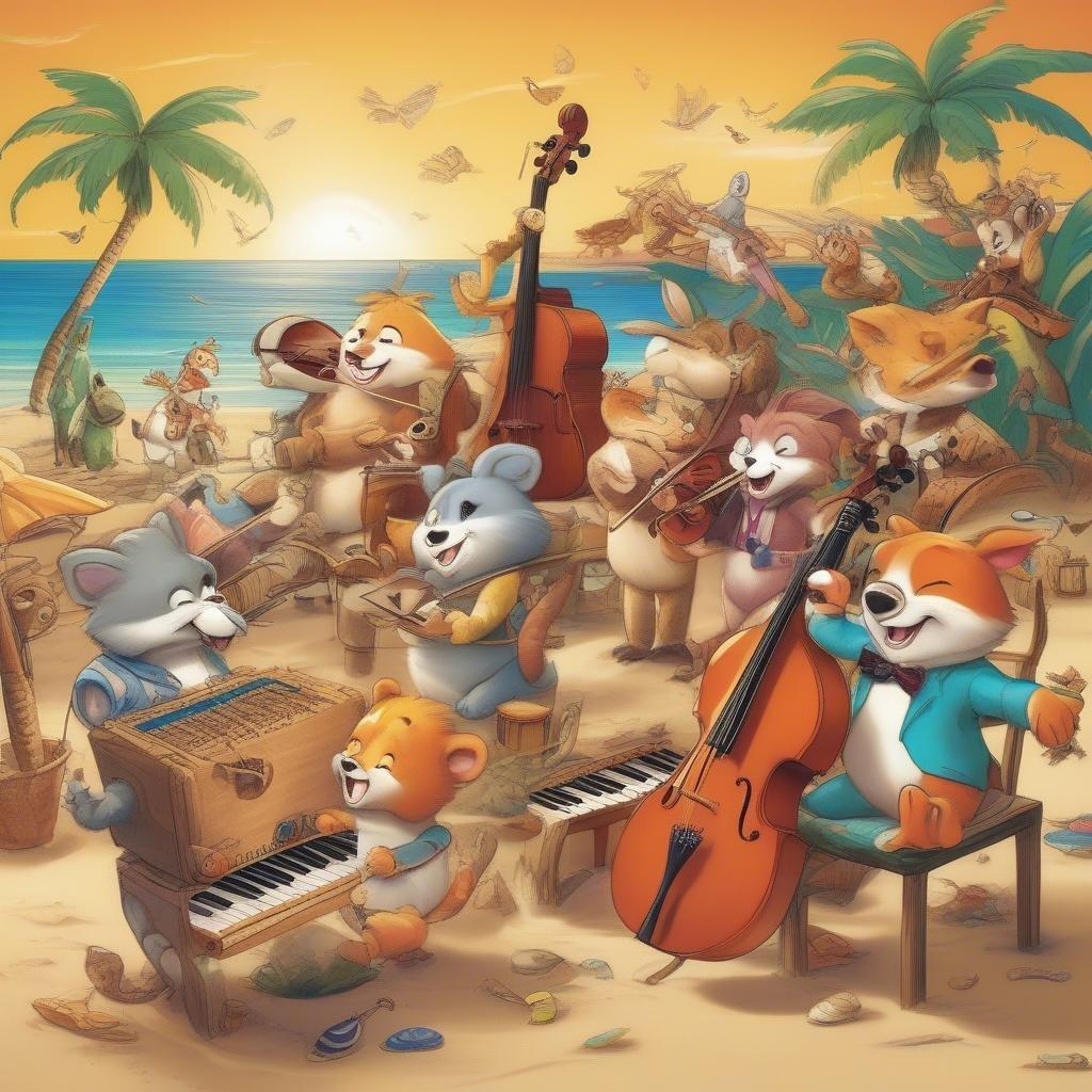 This image is a cartoon wallpaper that captures the joy and fun of a beach party. It features a group of anthropomorphic animals, including a bear, a rabbit, and a squirrel, all gathered on a sunny beach, playing musical instruments and having a great time. The image is colorful and lively, with a sense of energy and excitement that is sure to bring a smile to your face.