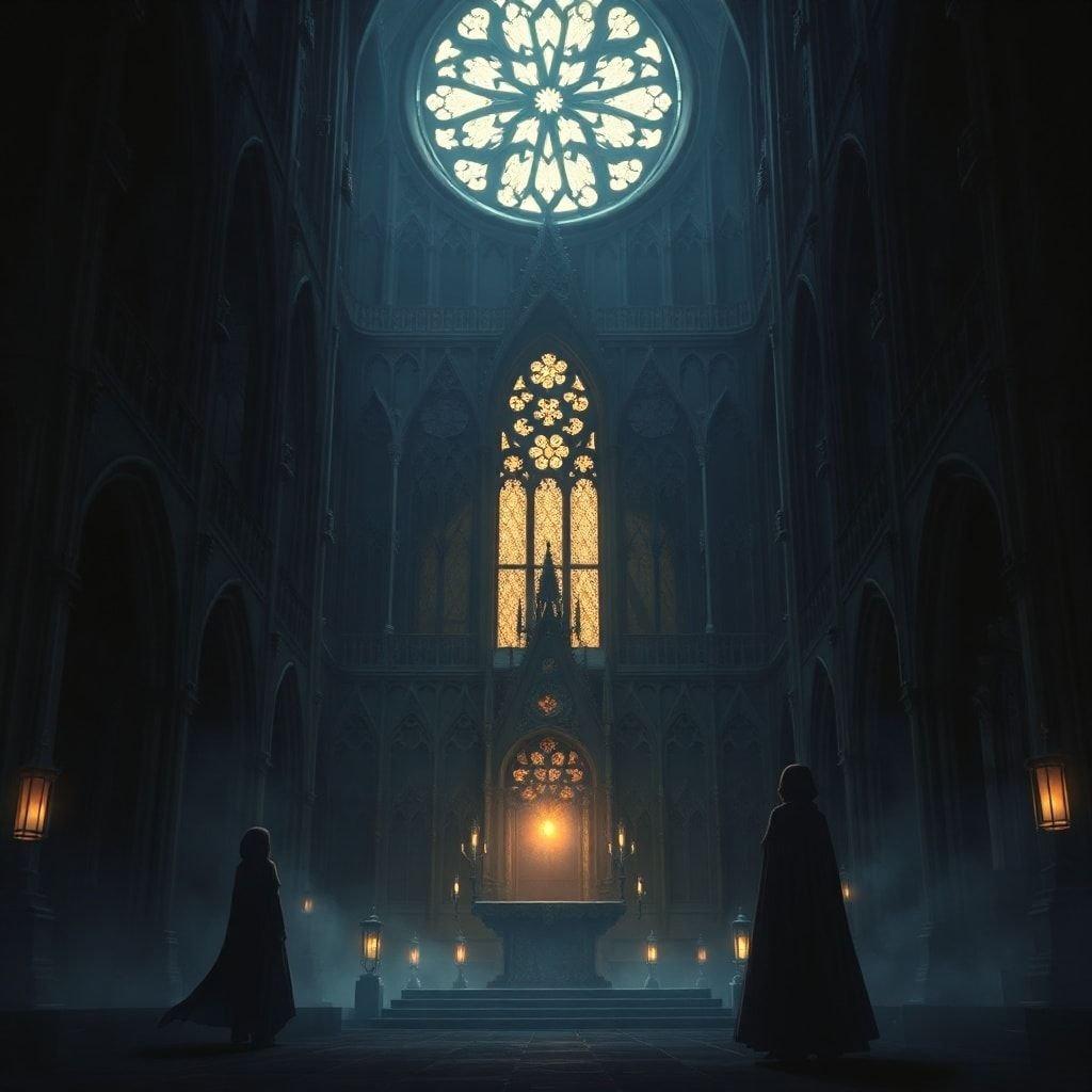 Immergiti nella bellezza inquietante di questo sfondo ispirato a una cattedrale anime, dove l'intricata architettura gotica incontra un'atmosfera inquietante e misteriosa.