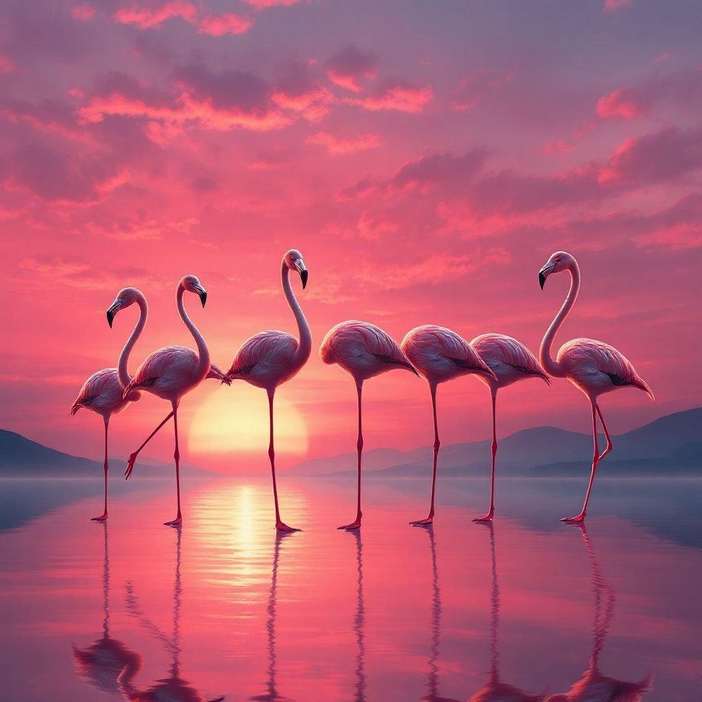 En flok flamingoer, der graciøst står i vandet ved solnedgang, med refleksioner, der skaber en spejleffekt. Rolig strandscene til desktop- eller mobilbaggrund.