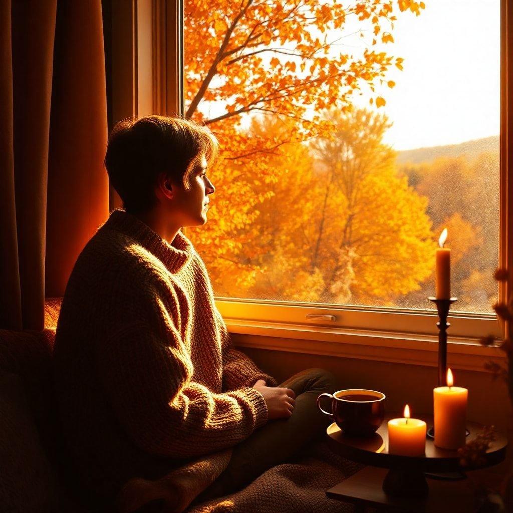 Relaxing at home, enjoying the warmth and vibrant colors of fall from the window.