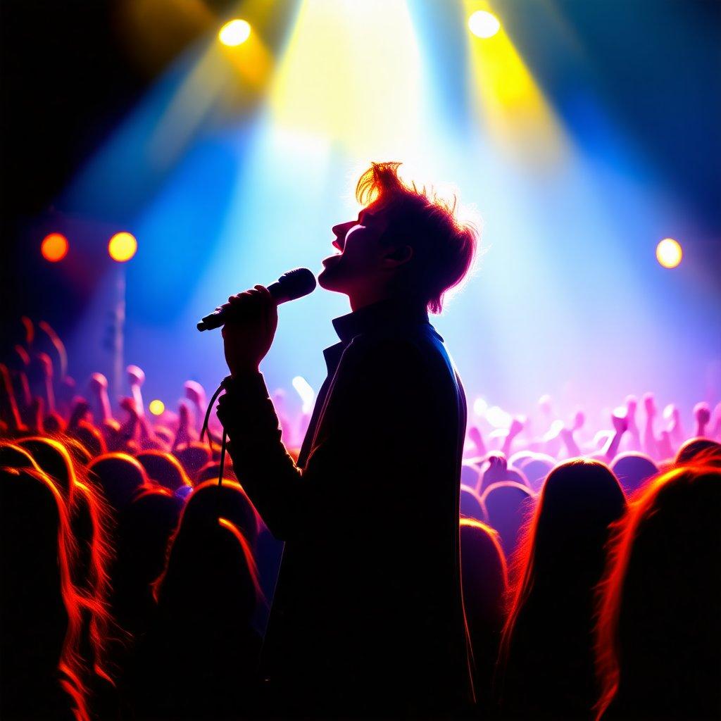 A captivating image of a singer performing on stage, surrounded by a sea of enthusiastic fans.