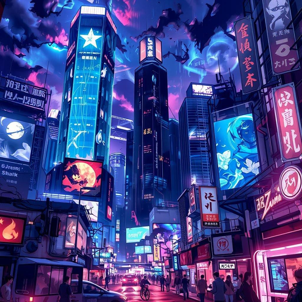 This stunning anime-inspired cityscape at night is a breathtaking sight to behold. The futuristic city is illuminated by holographic advertisements, casting a mesmerizing glow over the bustling street. The neon lights reflect off the wet pavement, creating a sense of depth and energy. The action-packed scene captures the essence of a lively, cyberpunk-inspired atmosphere, making it a must-have for any anime fan's desktop or mobile wallpaper.