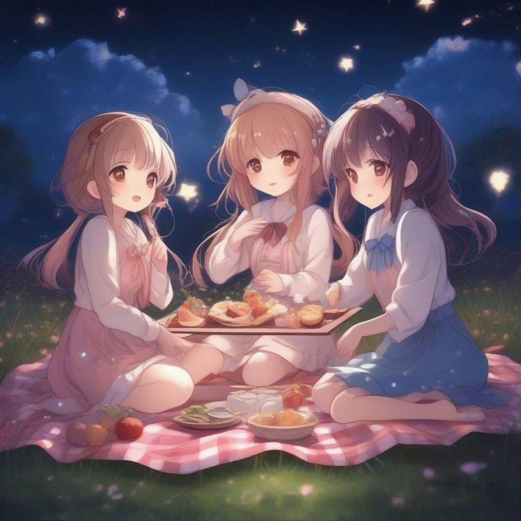 Three anime girls enjoying a nighttime picnic with delicious treats, sharing stories and laughter under the stars.