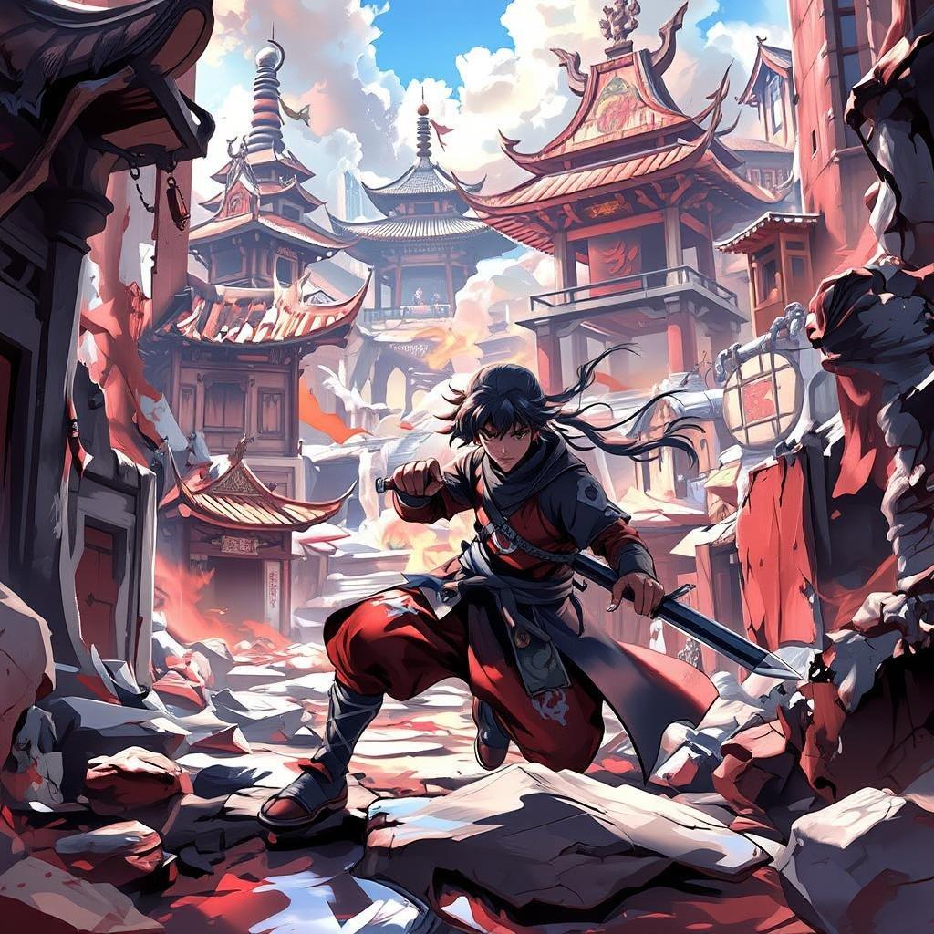 In this captivating scene, a young ninja in vibrant red armor and a blue scarf is seen gracefully maneuvering through an ancient labyrinth of crumbling temples. The detailed illustration showcases the intricate architecture and the tranquility of the scene, highlighted by the bright colors that bring life to the setting.