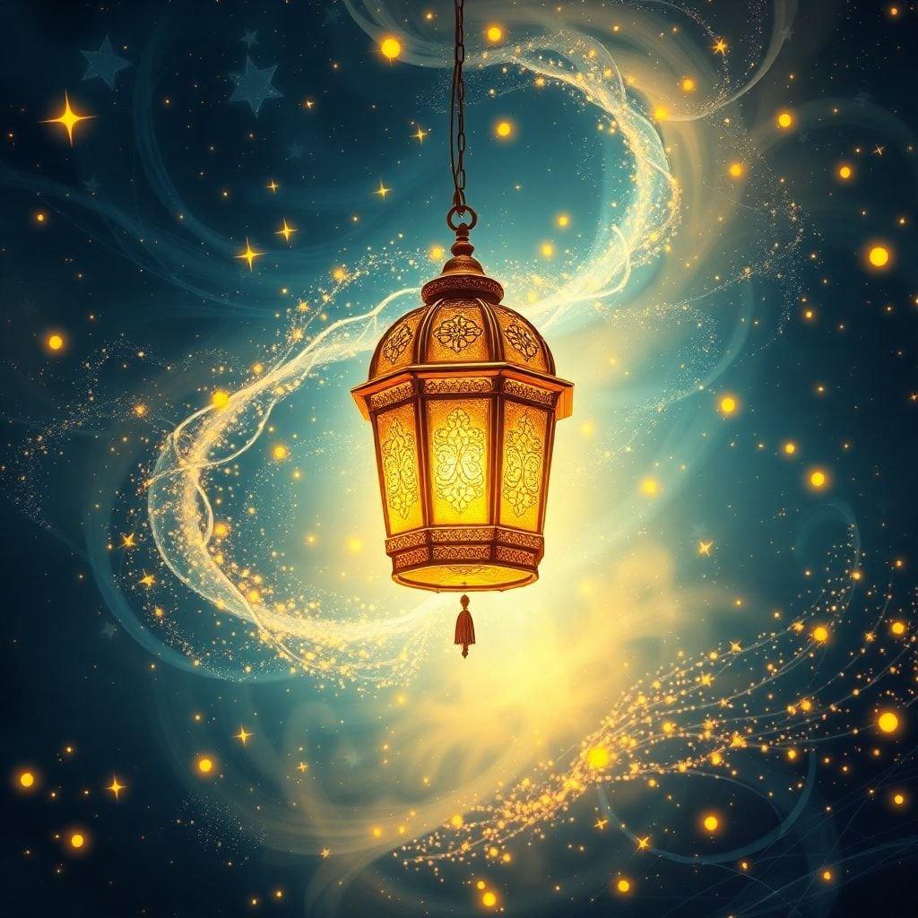 A glowing lantern suspended from a celestial hook, surrounded by sparkling stars and radiant magic.