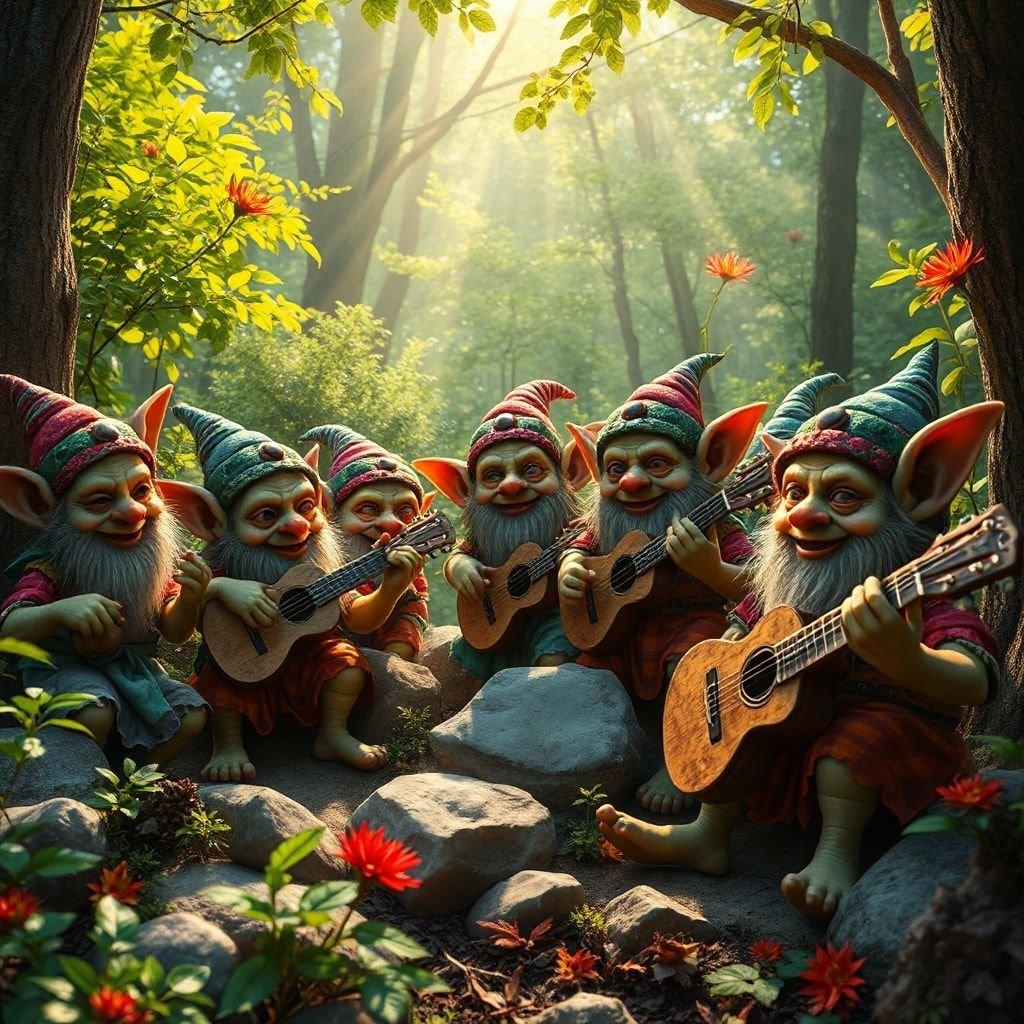 Get ready to be charmed by this whimsical wallpaper featuring a group of garden gnomes playing musical instruments in a forest. The gnomes, with their bright red and green hats, are surrounded by lush greenery and vibrant flowers, creating a magical atmosphere that will transport you to a world of fantasy and wonder. This enchanting scene is perfect for anyone who loves nature, music, and a touch of magic in their daily life.