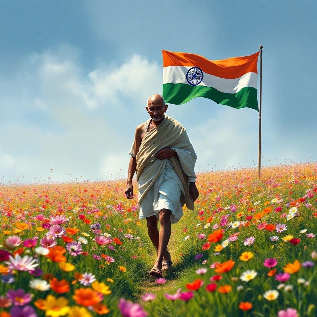 Una escena vibrante del líder espiritual caminando a través de un campo florecido, llevando su bastón y sosteniendo en alto una bandera de India. El fondo es sereno y colorido, capturando la esencia de la lucha pacífica del hombre.