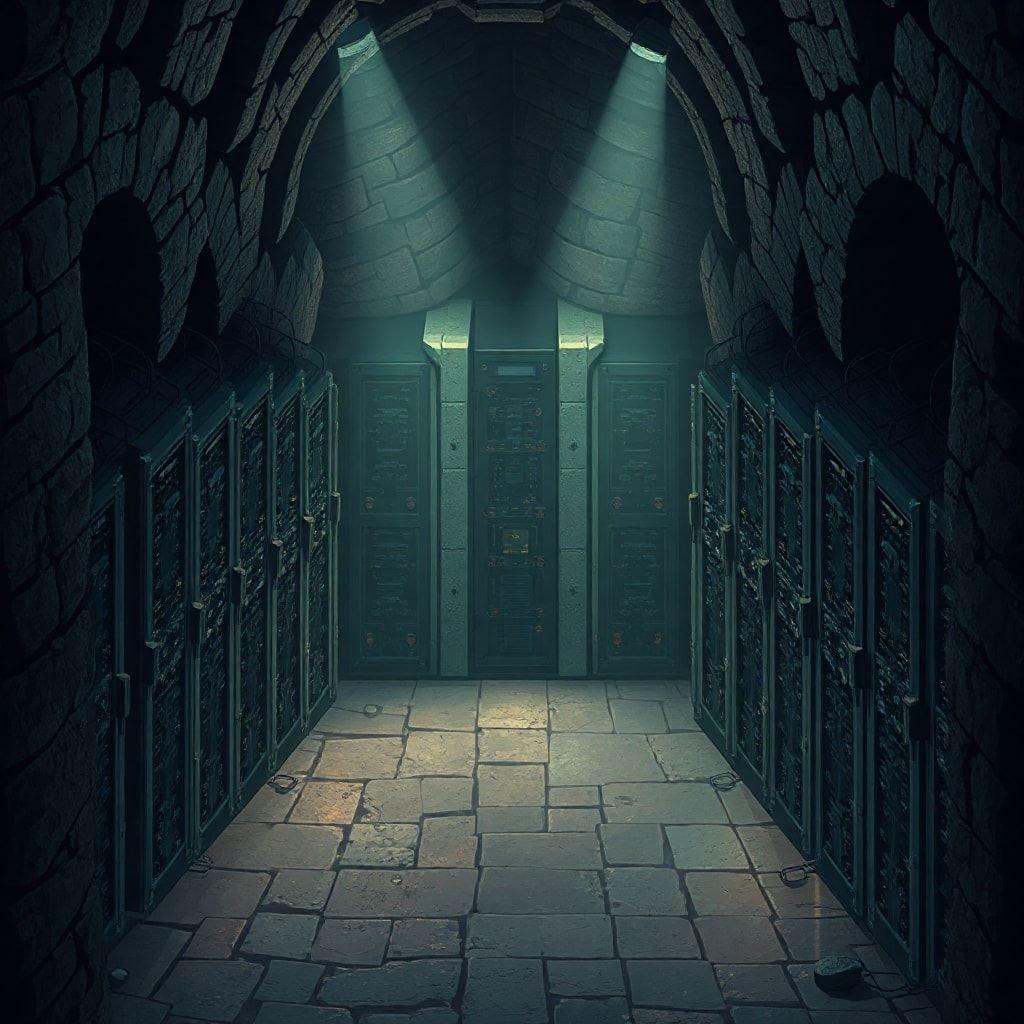 Step into the heart of modernity, where rows of humming servers and glowing screens are guarded by the ancient stones of a crypt. A place where knowledge is preserved for all time in the digital tomb.