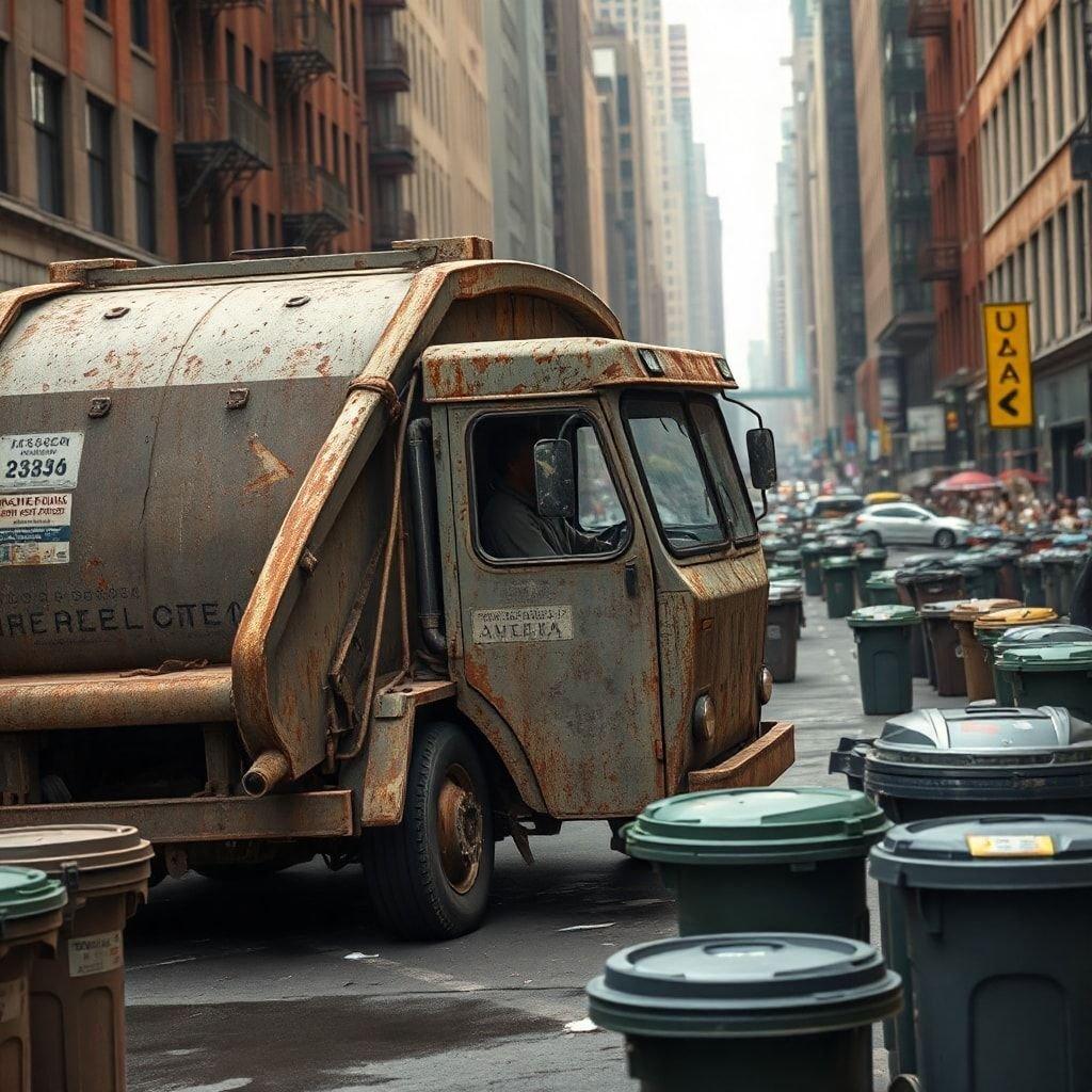 This wallpaper features a rusty garbage truck in the middle of a city street, surrounded by trash cans and buildings.