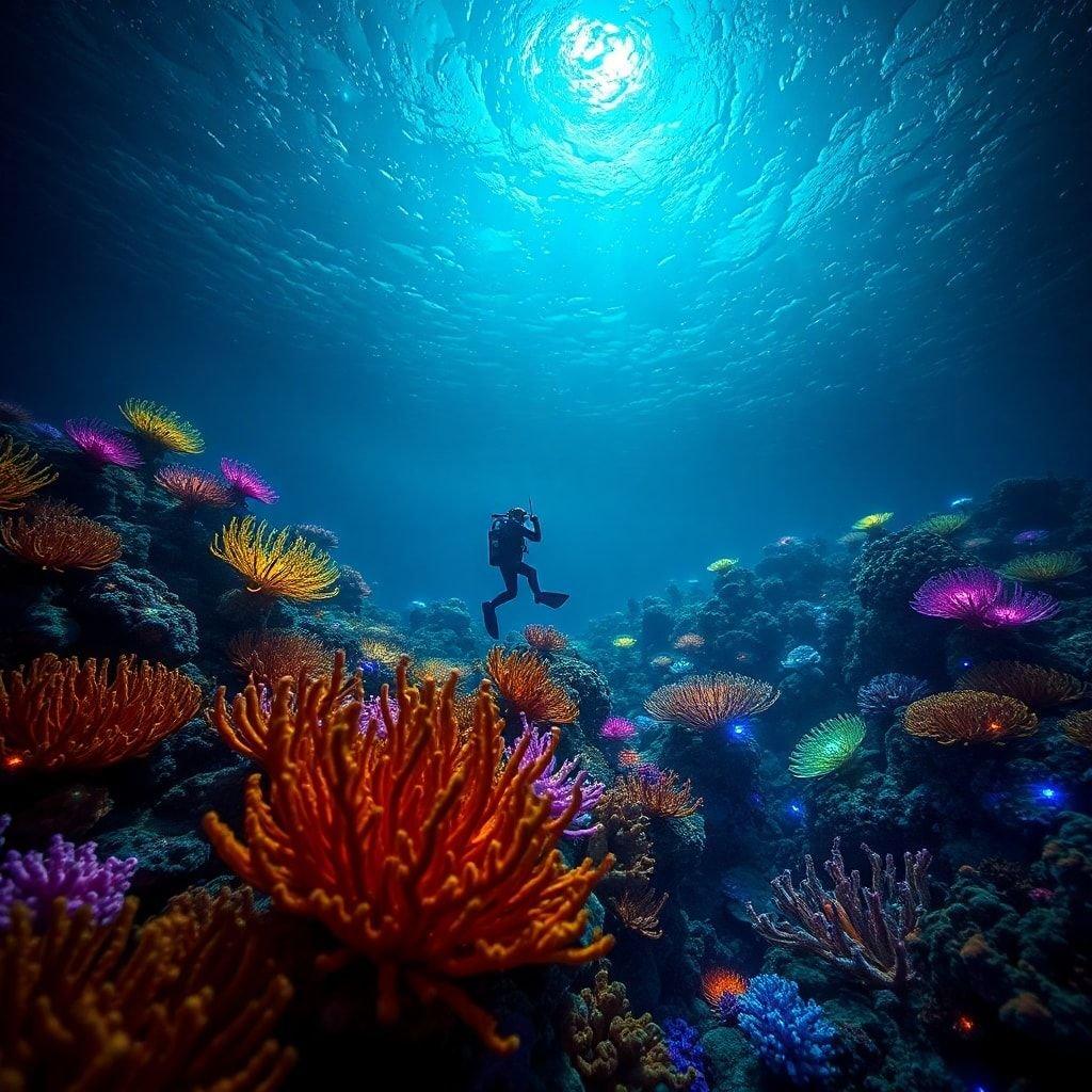 Discovering the wonders of the oceanic world. A scuba diver in full gear swims among a vibrant coral reef teeming with sea life.