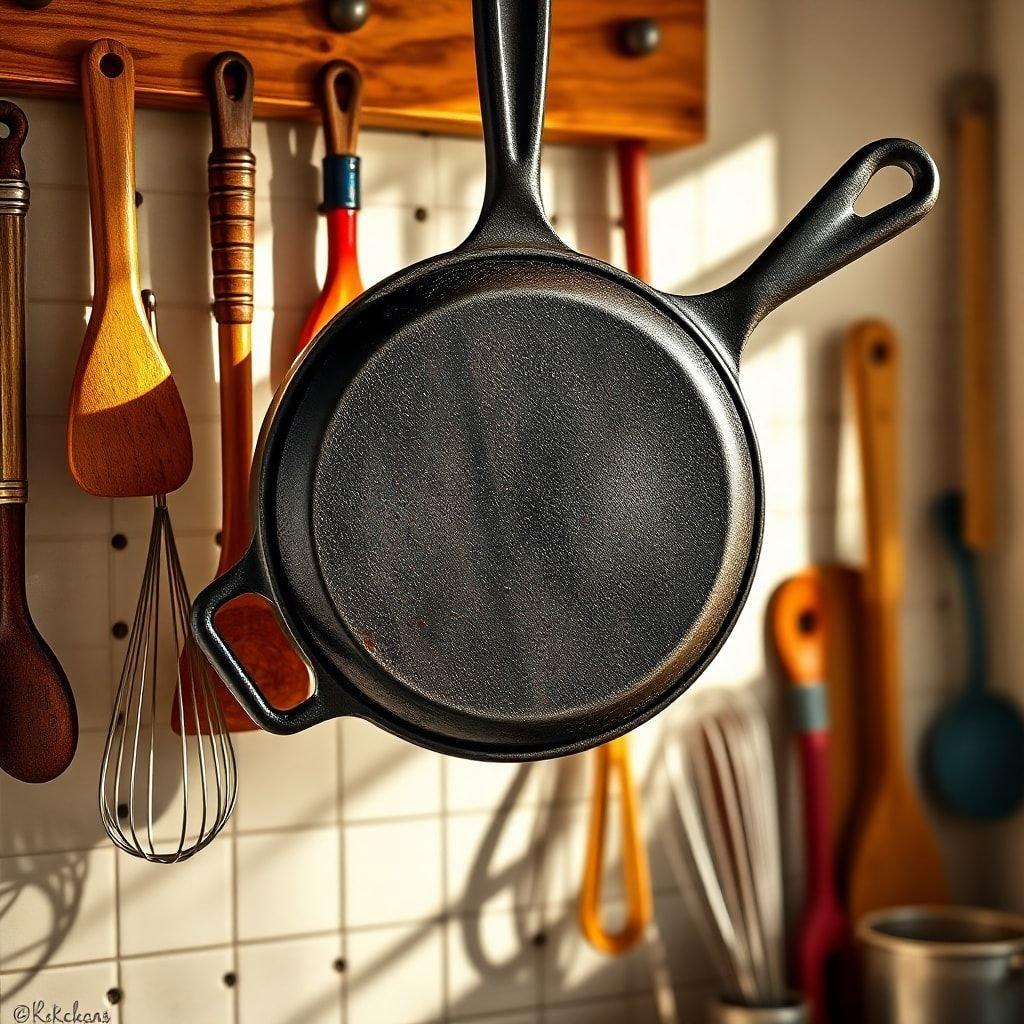 This image showcases a cast iron skillet hanging from a wooden board, surrounded by various cooking utensils and tools. The skillet itself is a focal point, with its dark color and rustic texture adding to the overall aesthetic of the image. The wooden board, adorned with hooks and knobs, provides a warm and inviting backdrop for the skillet and other kitchen essentials. The image exudes a sense of warmth and coziness, evoking feelings of comfort and home cooking.