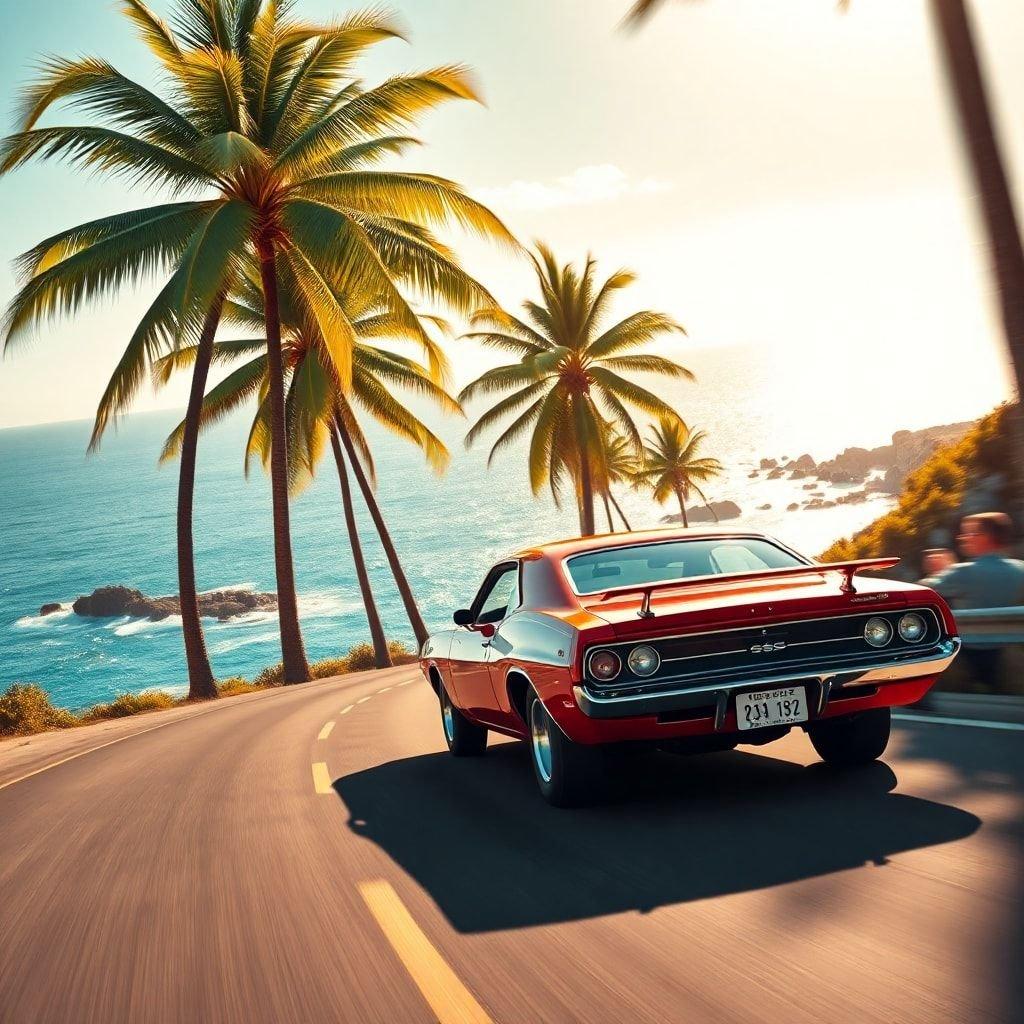 Ressentez la liberté d'une route ouverte avec cette voiture muscle classique, profitant de la vue imprenable sur la plage tropicale au coucher du soleil.