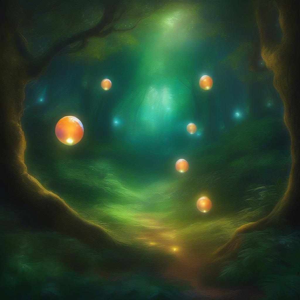 A mystical scene where the day transitions into night, with a serene pathway lined with whimsical, glowing orbs that light the way.