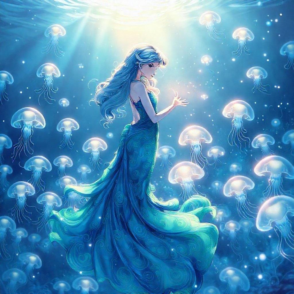 Immerse yourself in the enchanting world of this digital illustration, where a majestic mermaid and a school of glowing jellyfish come together in perfect harmony.