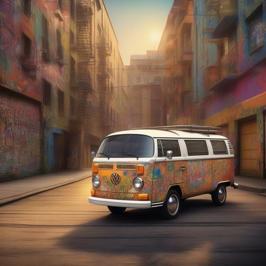 Embarquez pour une aventure avec ce classique van Volkswagen, prêt à prendre la route. L'extérieur peint de couleurs vives est un clin d'œil à ses origines hippies, en faisant un compagnon de voyage parfait pour quiconque aime la liberté et l'exploration.