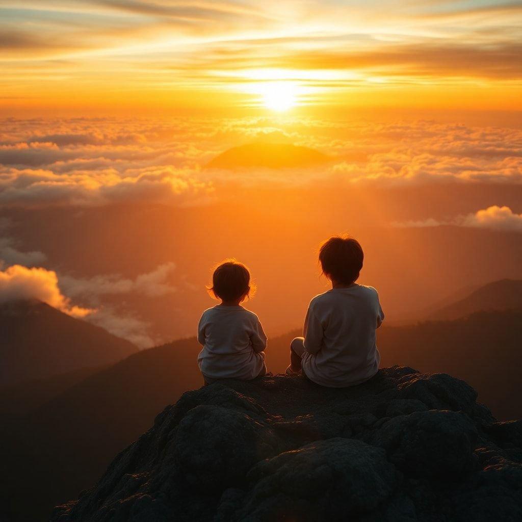 母と子が一緒に夕日を見つめる心温まるシーンで、母の日の本質を捉えています。