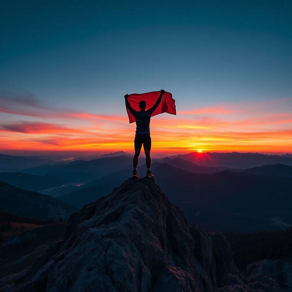 En triumferende atlet står på toppen af et bjerg og holder stolt en rød flag op, som symboliserer sejr og præstation.