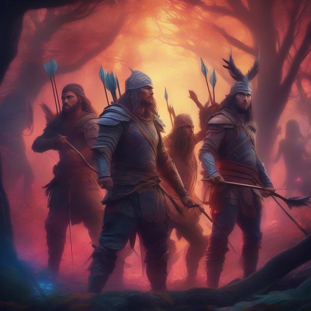 An epic fantasy scene where warriors stand ready on a mystical battlefield, with the glow of dawn at their backs.