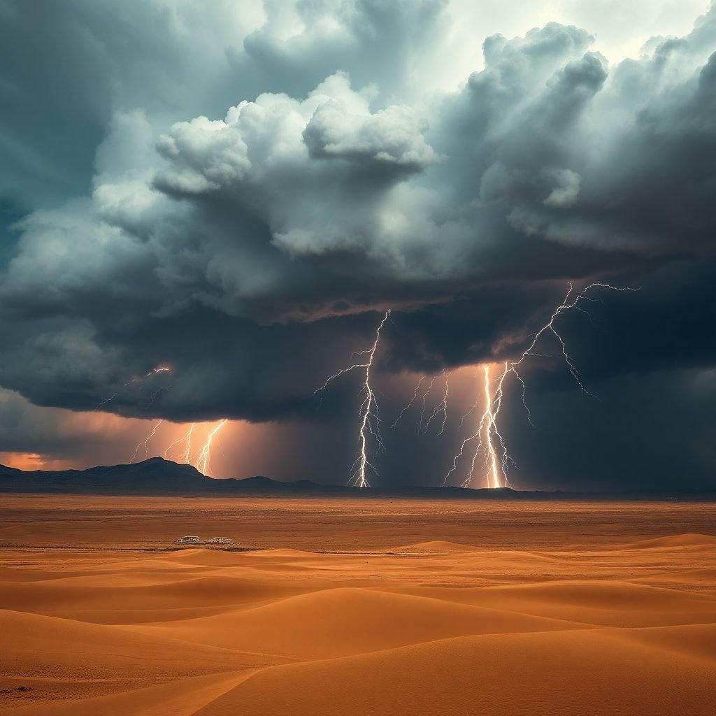 Une vue à couper le souffle d'une tempête balayant le paysage désertique, mettant en valeur la puissance brute de la nature.