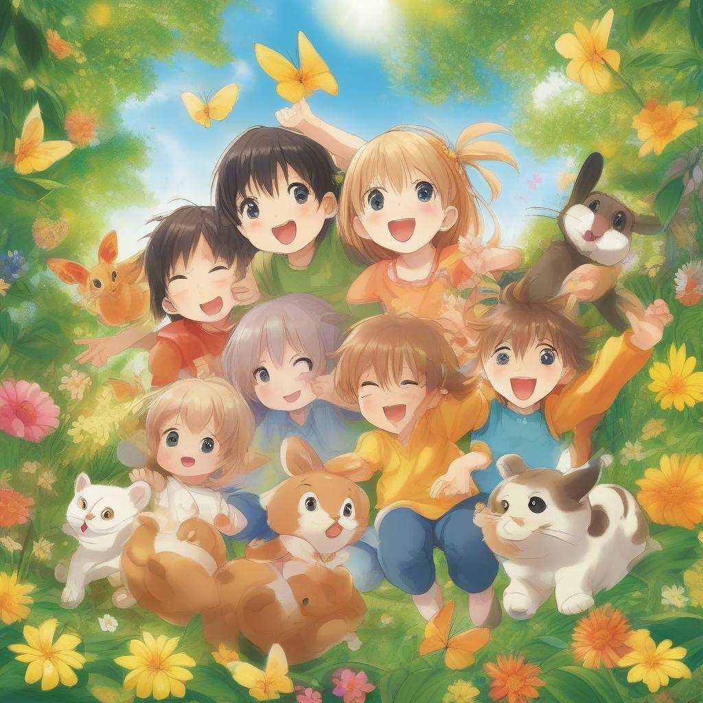 These cute animal children are having a blast together in a whimsical garden, full of colorful flowers. Each child has their own unique expression, adding to the playful atmosphere of this delightful scene. Join them for some fun and adventure!