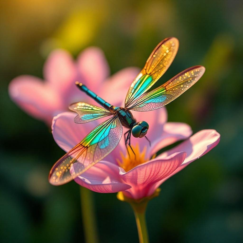 A vibrant dragonfly perched on the petals of a blooming flower, showcasing the beauty of nature.