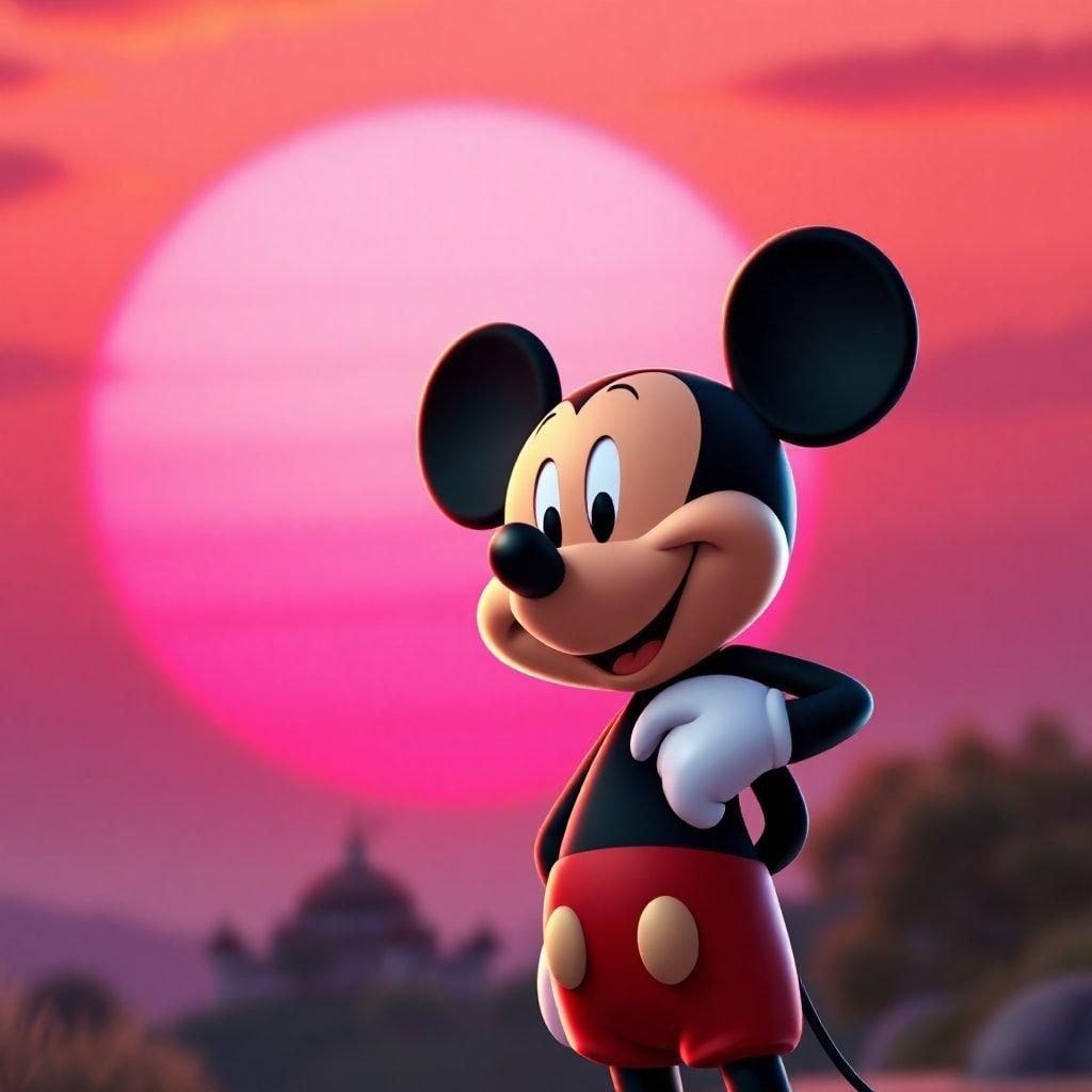 This wallpaper features Mickey Mouse enjoying a beautiful sunset.