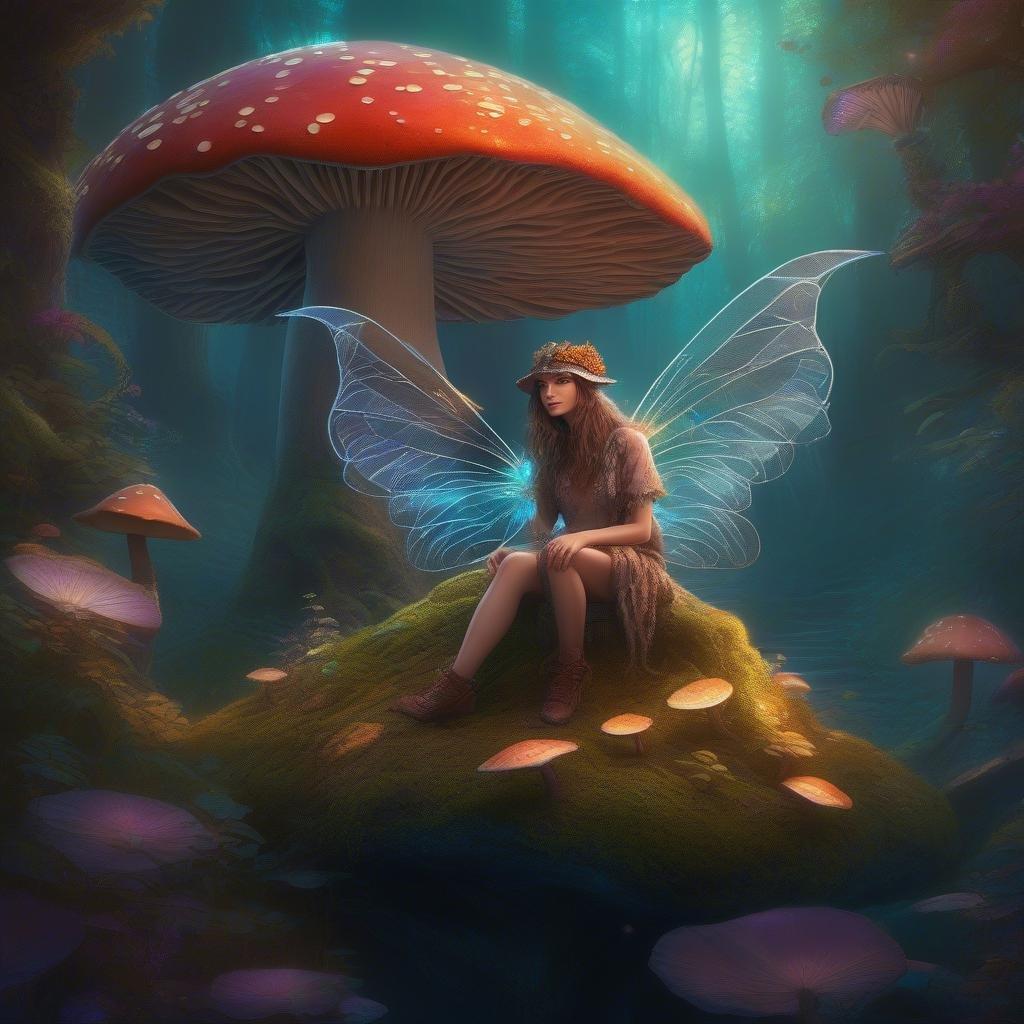 A young fairy with a mystic presence, surrounded by mushrooms and otherworldly creatures. This fantastical scene is both whimsical and magical, making it perfect for those who enjoy the enchantment of fairytale landscapes.