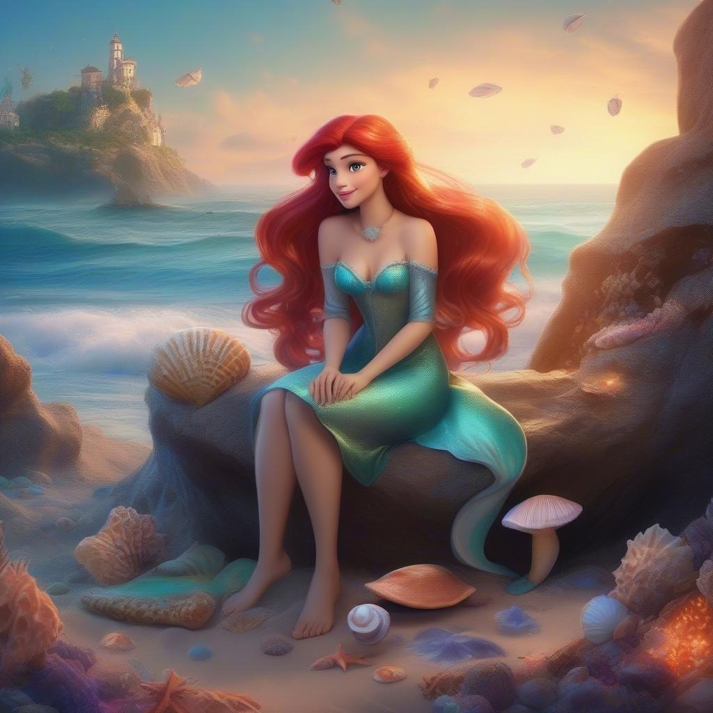 An enchanting view of the sea, featuring Disney's princess Merida from Brave, surrounded by marine life.