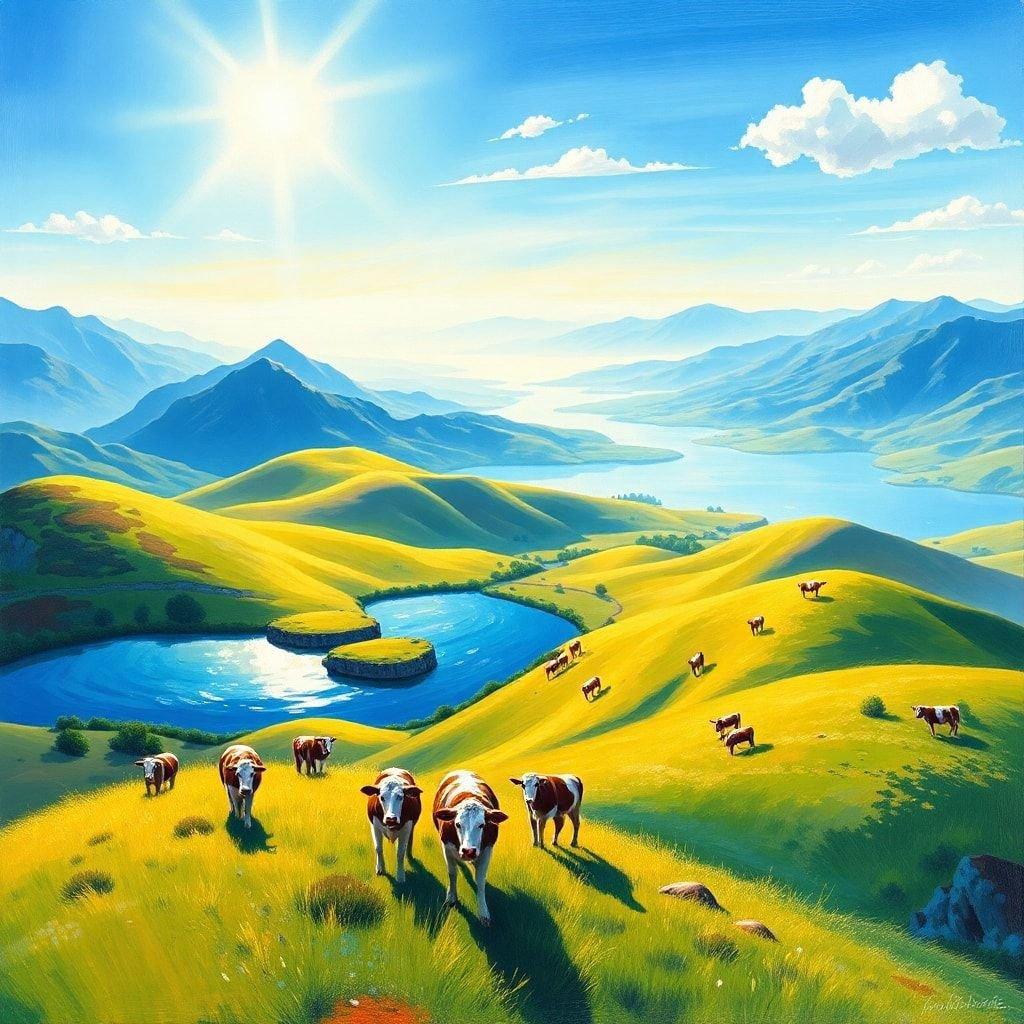 This idyllic scene captures the tranquil beauty of a countryside sunset, where a herd of cows grazes peacefully. The warm colors of the sky contrast beautifully with the vibrant green of the hills and the serene blue of the lake below. This image is a perfect representation of rural life's simple pleasures, making it an ideal wallpaper for those who love nature and want to bring a touch of pastoral charm to their screens.