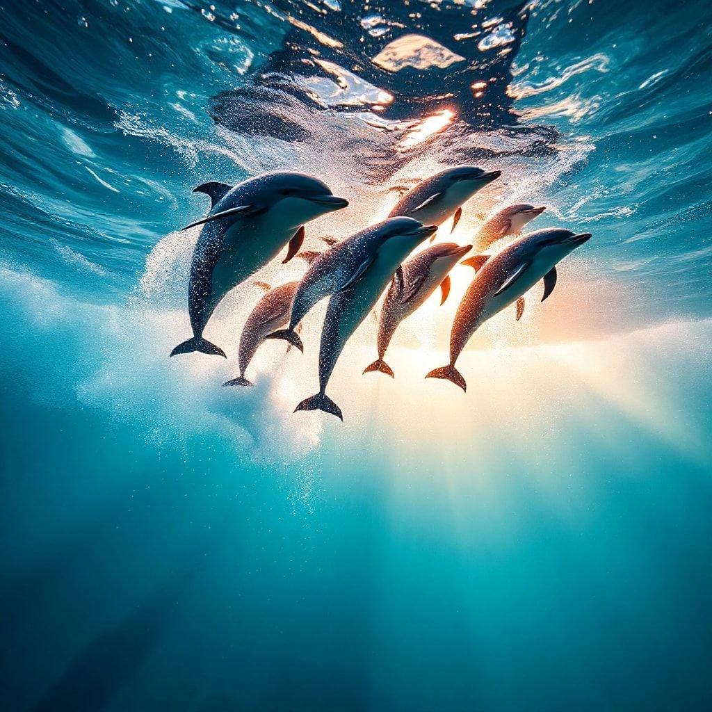 This stunning wallpaper captures the beauty of dolphins swimming in the ocean. The image showcases a group of dolphins jumping out of the water, their sleek bodies glistening in the sunlight. The background is a vibrant blue, with waves crashing against the shore. This image is perfect for anyone who loves the ocean and its inhabitants.