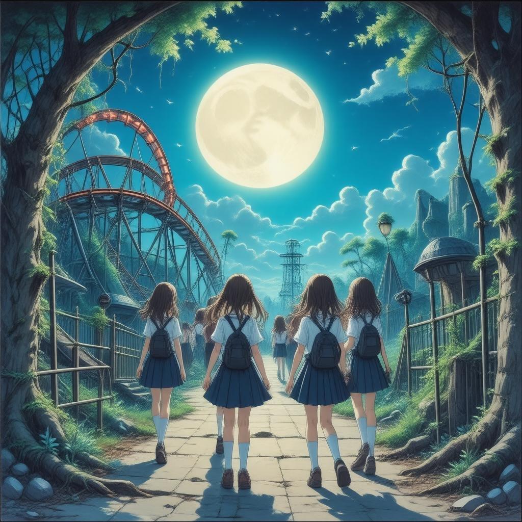 In this captivating scene, four schoolgirls are exploring an abandoned amusement park at night. The girls, dressed in their school uniforms and backpacks, venture through the lush foliage, their faces illuminated by a full moon casting an ethereal glow over the scene. The abandoned roller coaster stands as a testament to the park's former grandeur, now partially overtaken by nature. This detailed digital illustration is a blend of the magical and mysterious, evoking a sense of nostalgia and adventure.