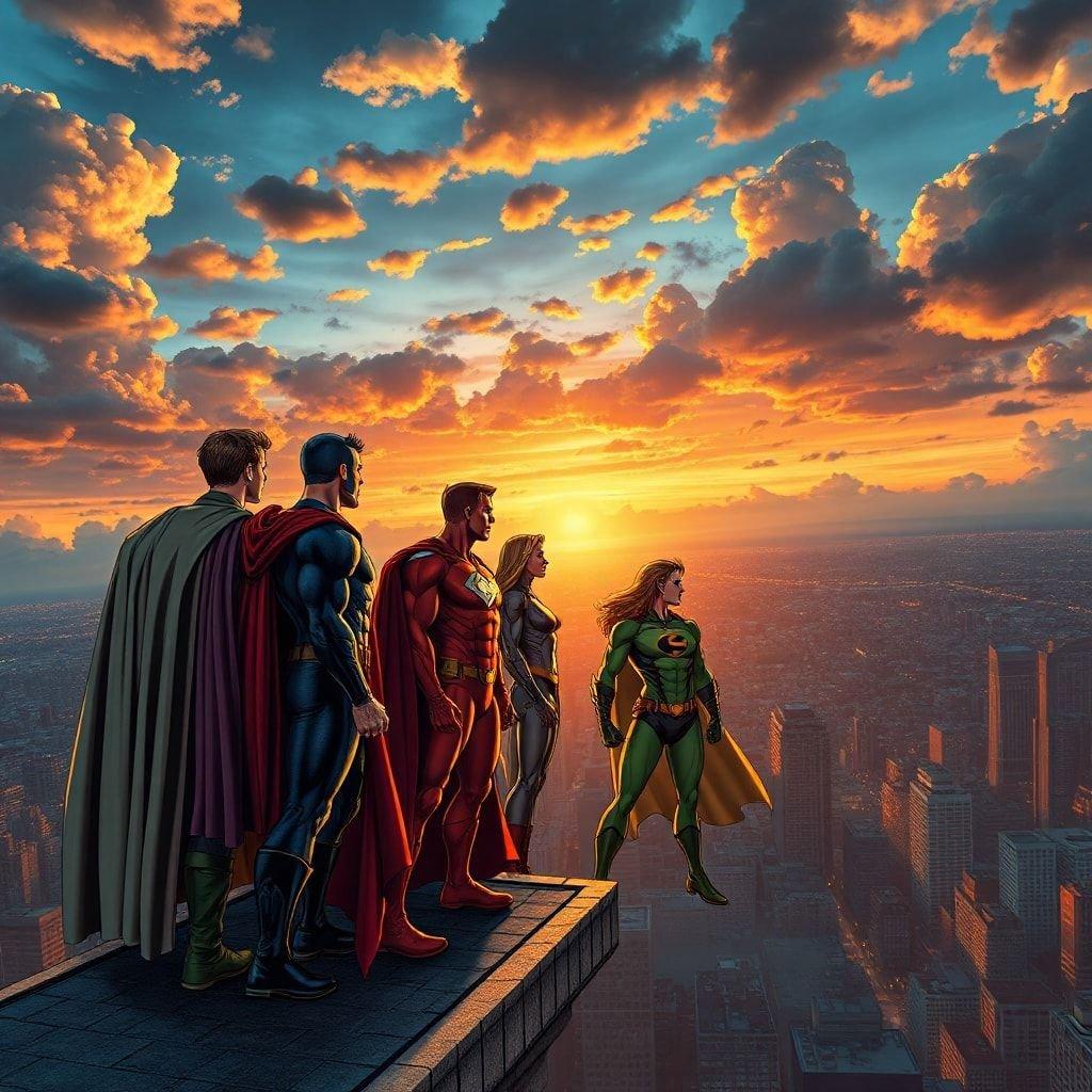 A Liga da Justiça, heróis icônicos da DC Comics, se unem contra um deslumbrante pano de fundo do pôr do sol. Batman, Superman, Mulher Maravilha, Flash e Cyborg são capturados nesta cena épica.