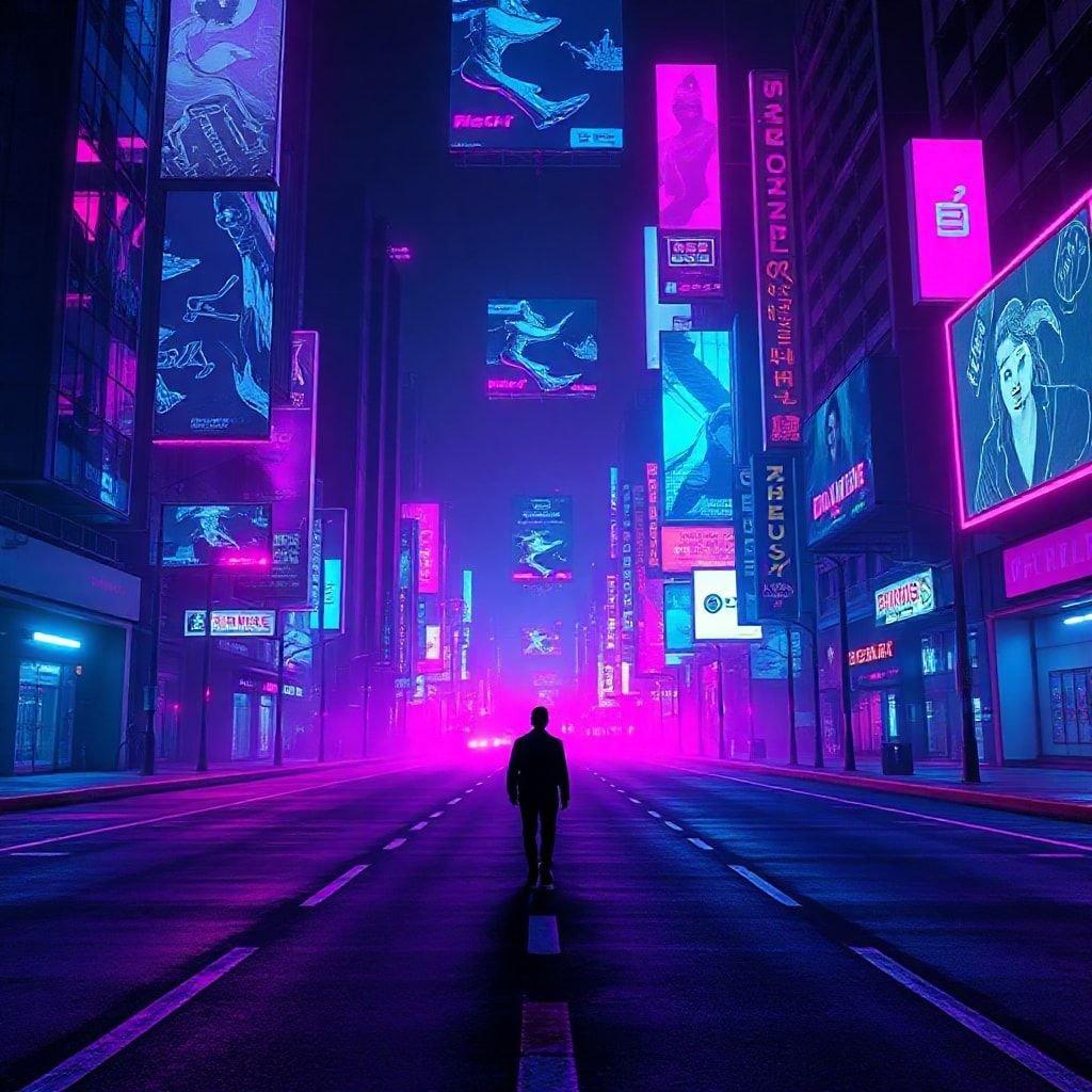 A neon-lit futuristic city at night, with a lone figure standing on the center street. The vibrant colors and digital advertisements evoke a cyberpunk atmosphere.