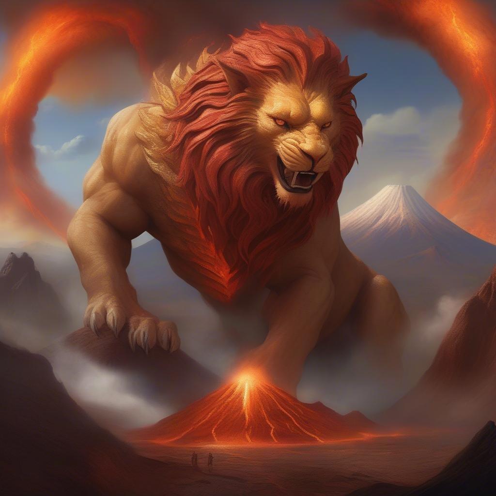 Experience the grandeur of this lion, standing tall atop an active volcano, embodying power and majesty. This wallpaper is a fantasy-themed masterpiece that will transport you to a realm where dragons soar and magic flows.