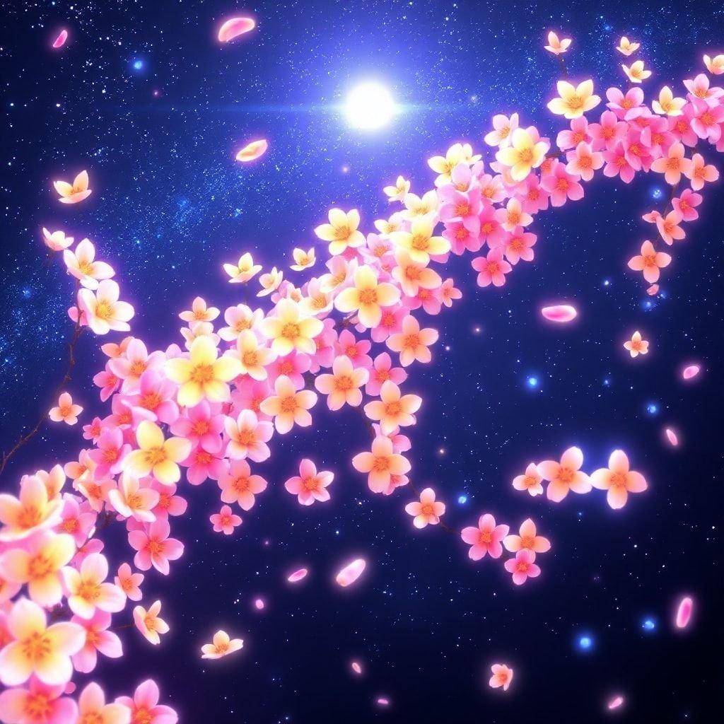 Questo pezzo d'arte digitale cattura una scena da sogno in cui i fiori di ciliegio rosa fluttuano serenamente contro lo sfondo scuro di un cielo notturno stellato. I fiori sono di un delicato giallo con quelli bianchi e blu sparsi intorno, aggiungendo alla sensazione eterea dell'immagine.