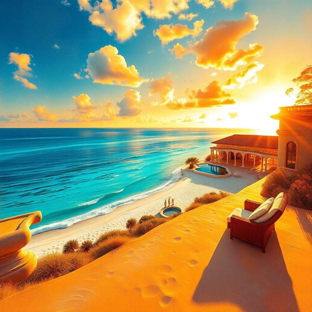 A breathtaking sunset over a luxurious beach, perfect for relaxation and tranquility.