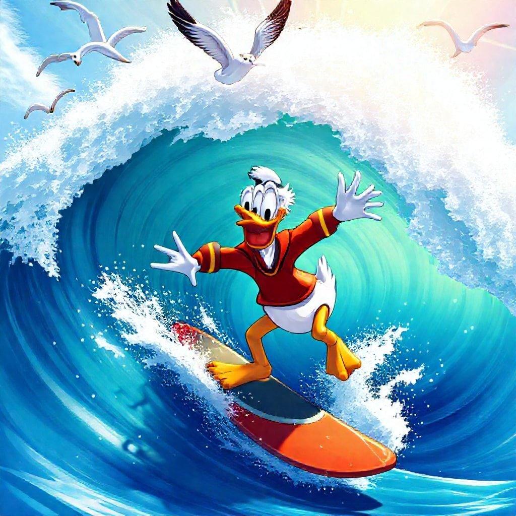 Catching a wave has never been more fun! Disney's Donald Duck is taking the plunge with style.