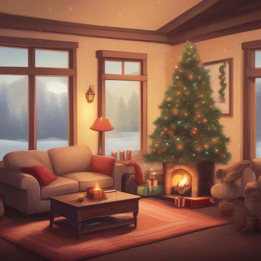 This image is a wallpaper of a cozy living room decorated for Christmas. The room is warm and inviting, with a large Christmas tree in the center of the room, surrounded by presents and other festive decorations.